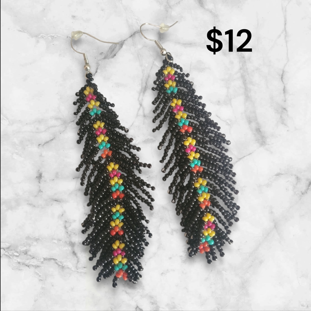 Colorful Beaded Feather Earrings